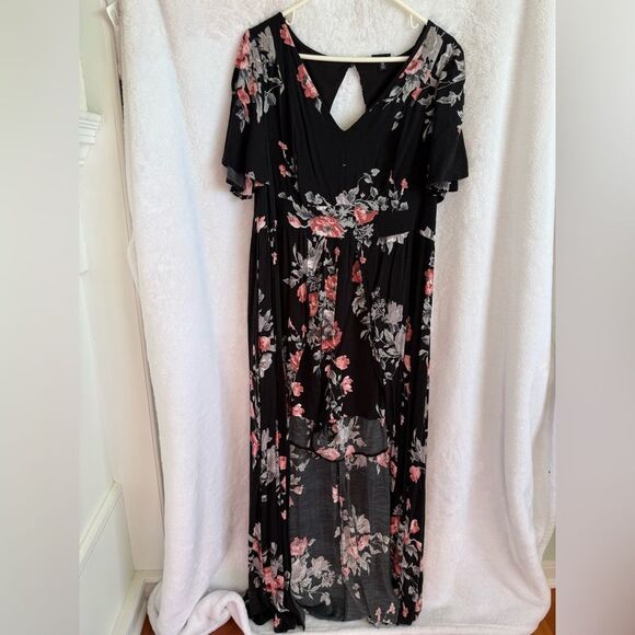 Torrid Black Floral Challis Overskirt Romper - Picture 4 of 7